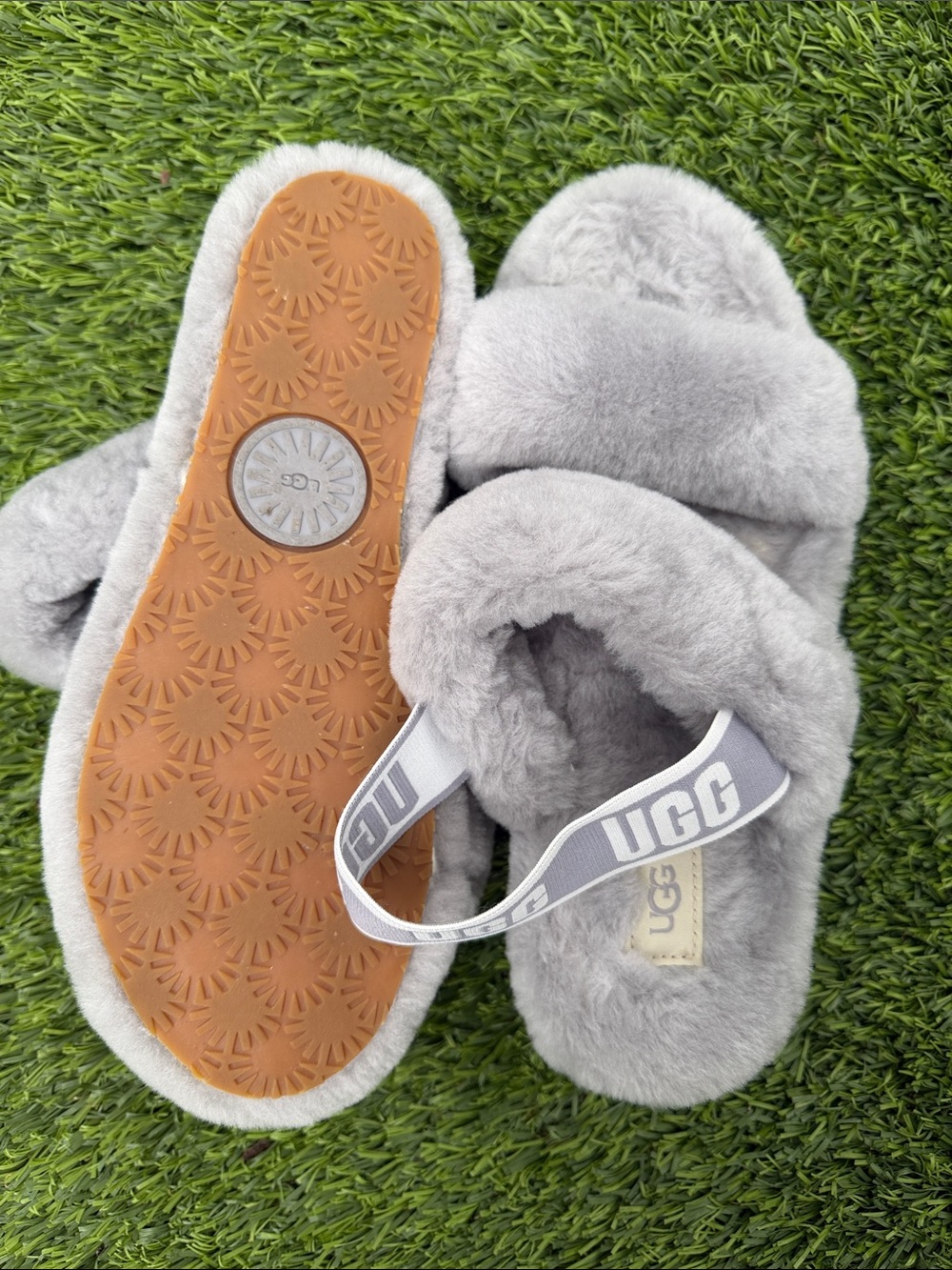 UGG Light Grey Fuzz Slide with Branded Heel Strap